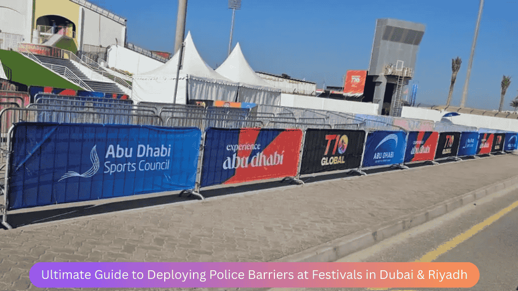 Police barriers at Dubai festival entrance ensuring safe crowd flow