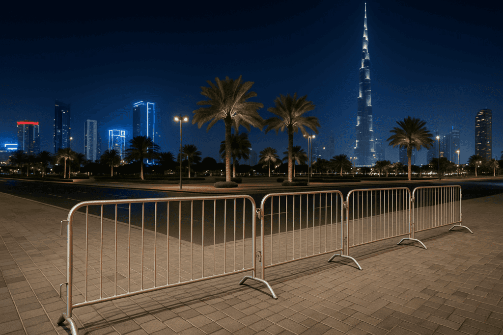 Comparison of police barriers, temporary fencing, and crowd control walls for event safety in the UAE, showing their differences in strength, flexibility, and security applications.