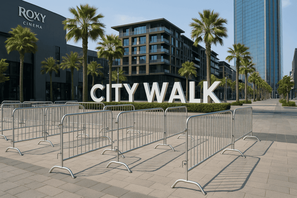 police barriers installed at City Walk Dubai ensuring public safety and organized crowd management during events