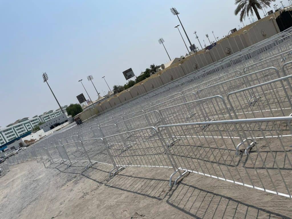 Police barriers deployed at a large event in Dubai for crowd control and safety