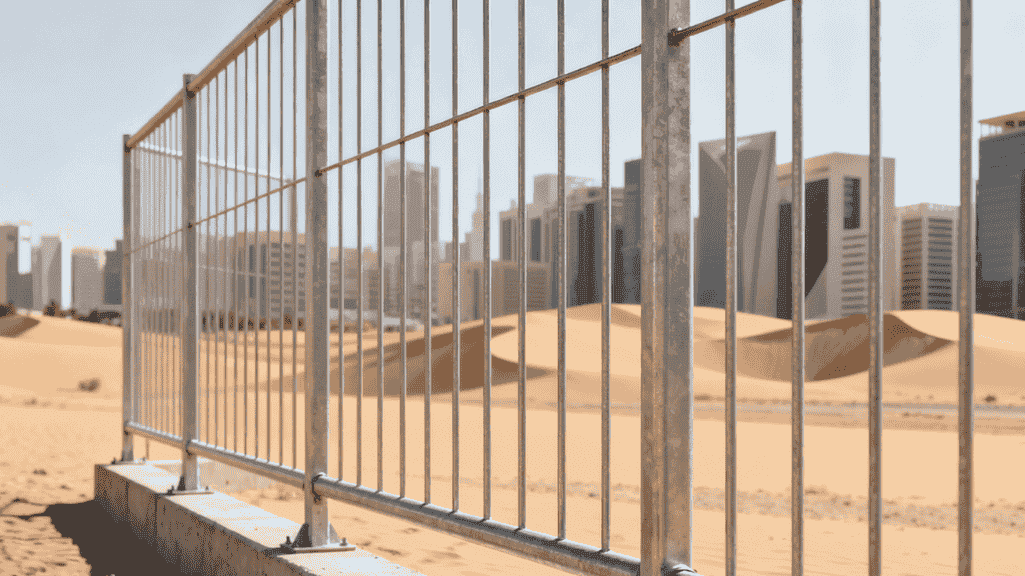 Heras fence installation at construction site in UAE showing modular steel panels, connection clamps, and secure perimeter fencing